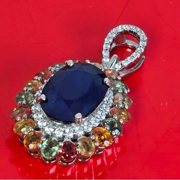 925 Sterling Silver Large Pendant with Blue Sapphire & Multicolor Sapphire Gems - Picture 2 of 12